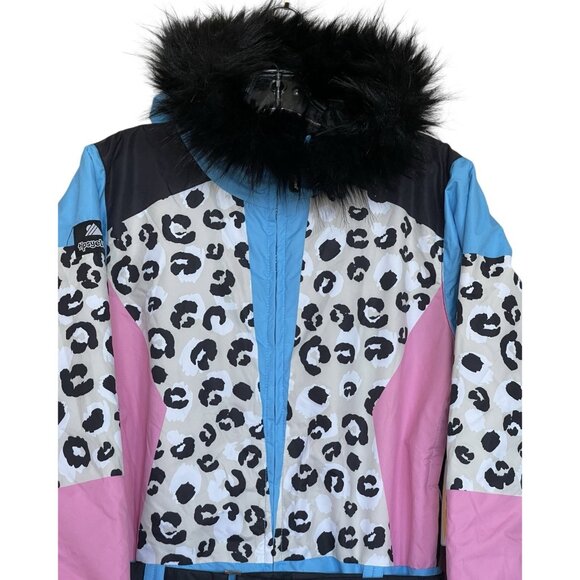 Tipsy Elves Ski Snow Suit Womens Size Small S Snow Leopard Pink Blue Faux Fur - Picture 2 of 10